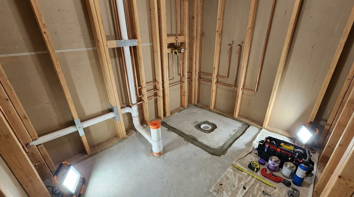 Bathroom rough-in plumbing during remodel by Johns Plumbing LLC in Freer
