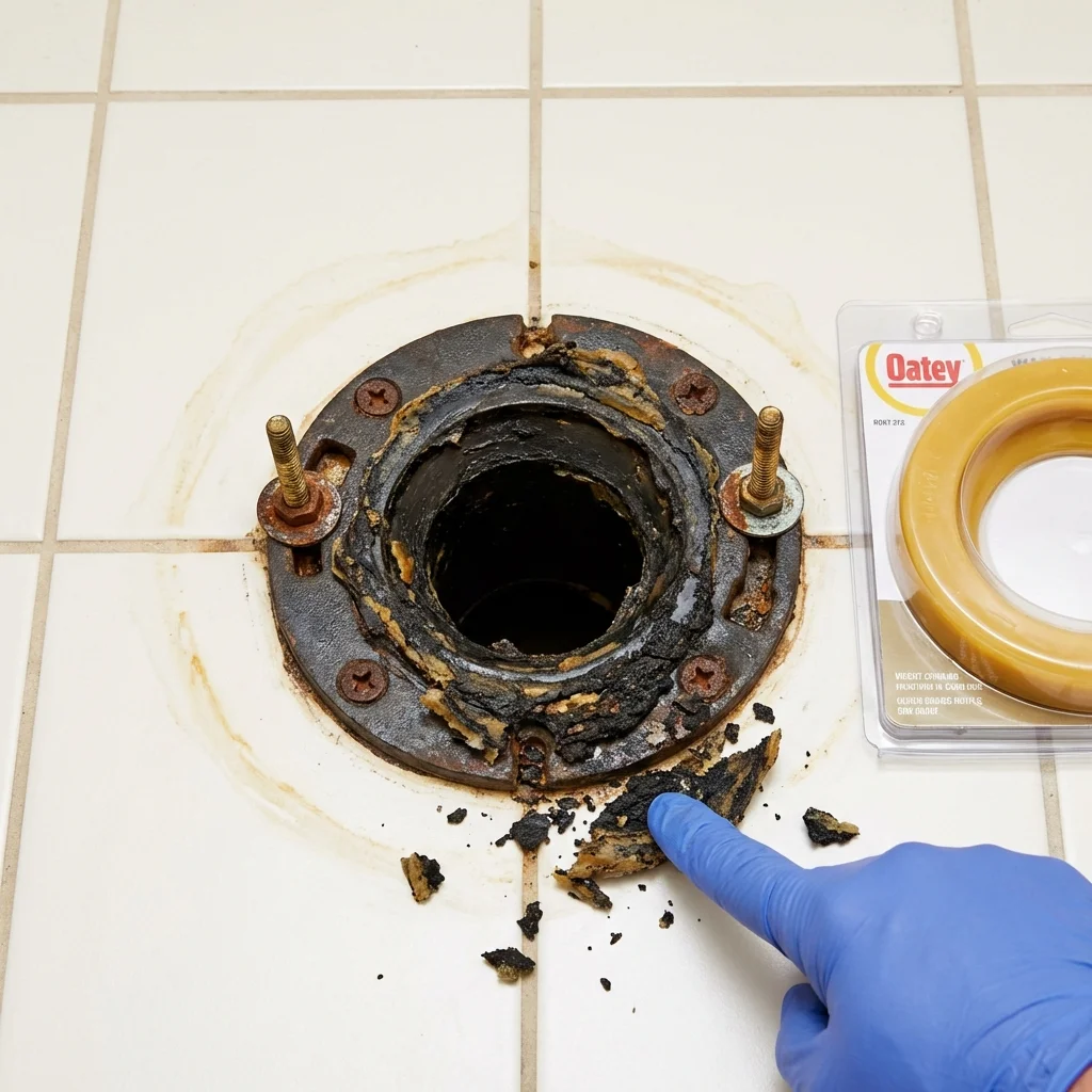 Failed wax ring showing water seepage at the base of a toilet in a Freer, TX home