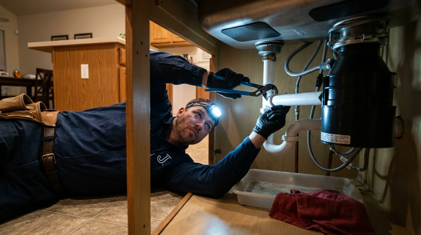 P-trap and supply line connections under a kitchen sink showing a common leak point in Freer, TX